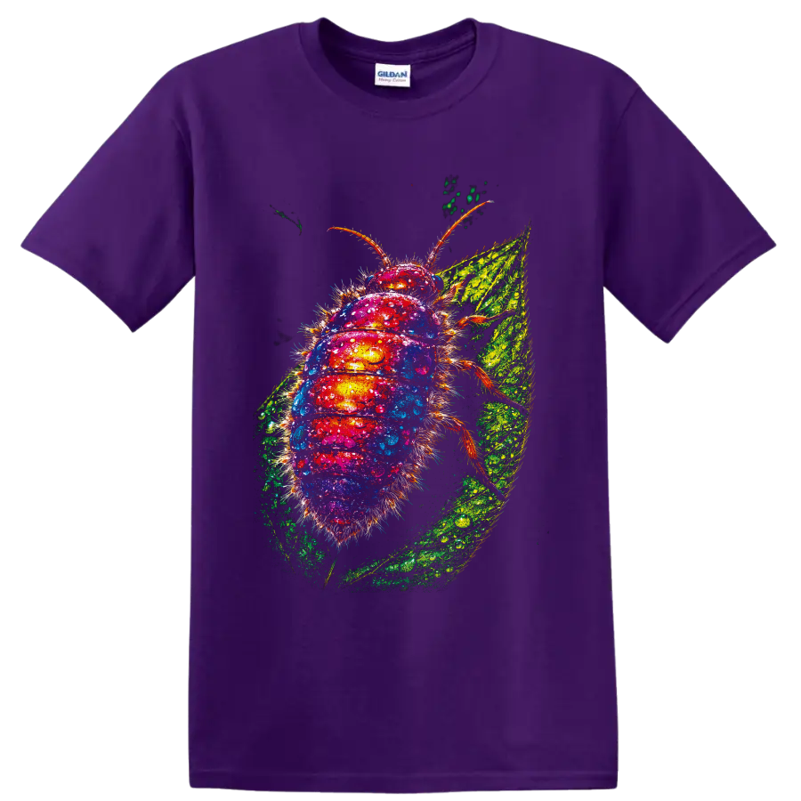 Colorful fuzzy caterpillar macro art with water droplets on a textured green leaf on a Purple T Shirt