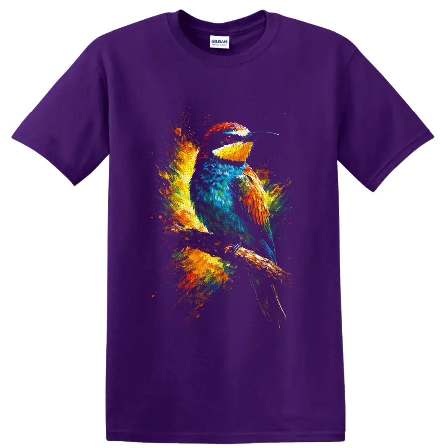 Colorful kingfisher perched on a branch in vibrant paint splash wildlife art on a Purple T Shirt