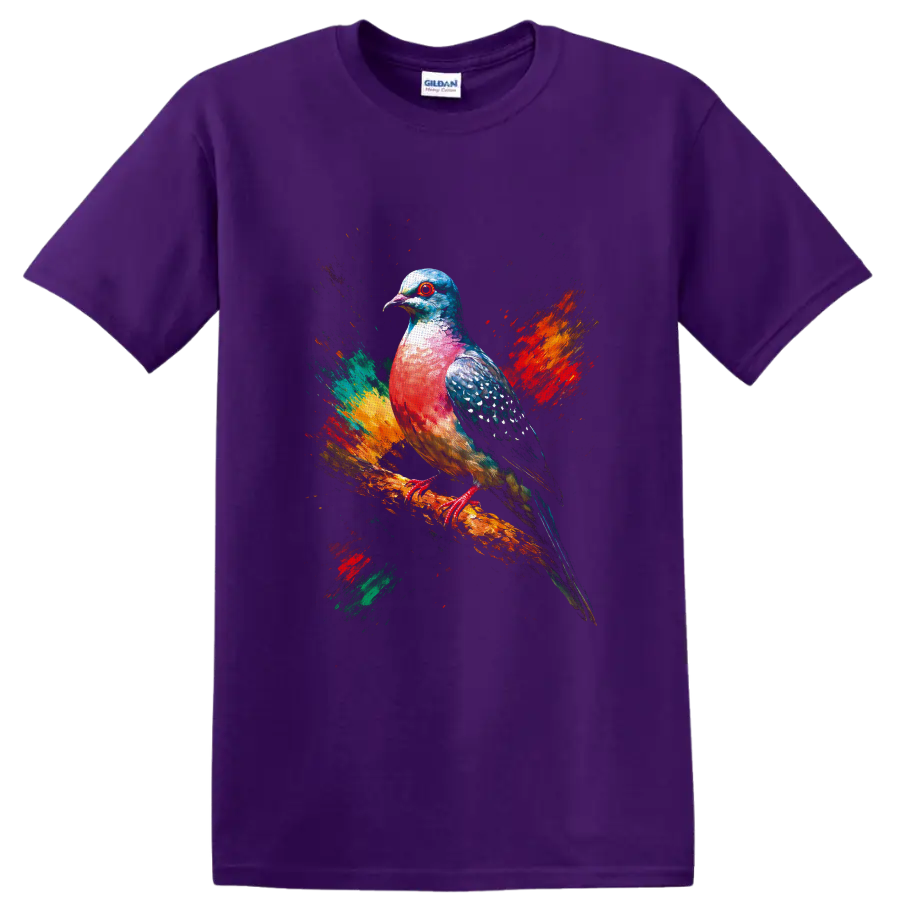 Colorful pigeon portrait on a branch with abstract paint splashes on a Purple T Shirt