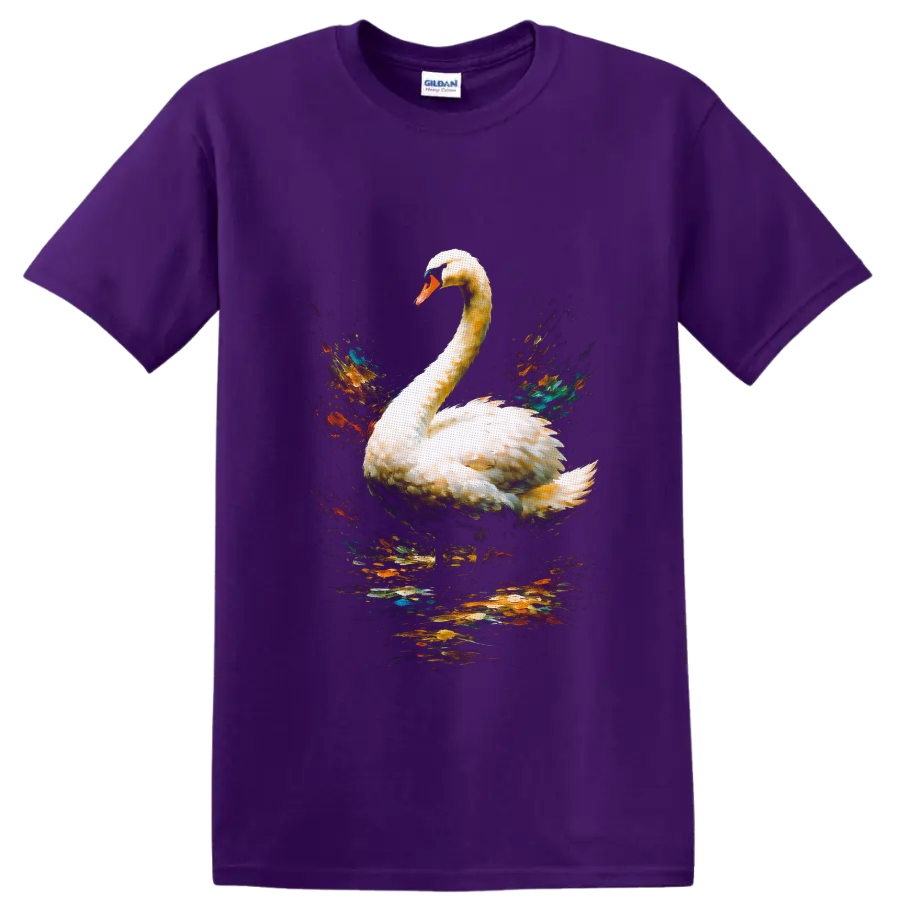 Mute swan with colorful watercolor splashes and reflective water on a Purple T Shirt
