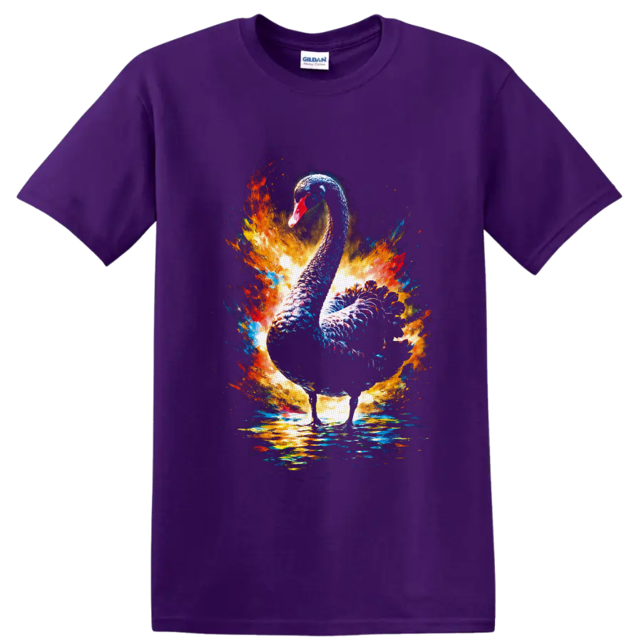 Black swan with vivid blue, orange, and gold paint splashes over reflective water on a Purple T Shirt