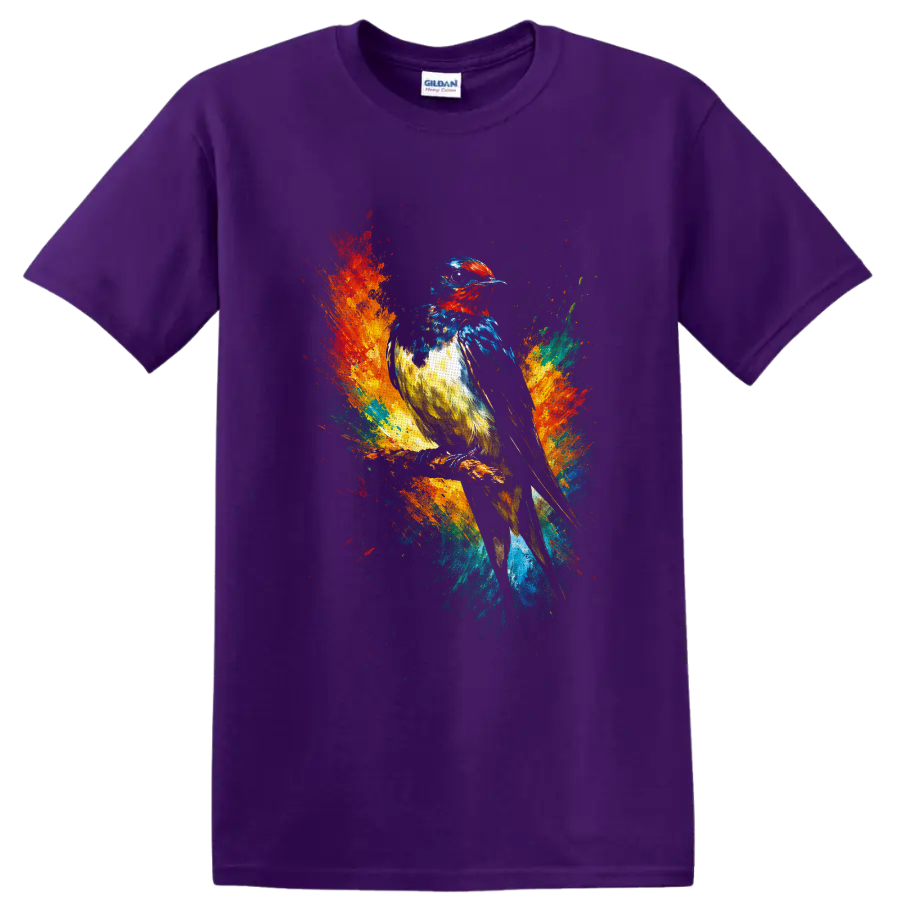 Colorful perched songbird in expressive paint splashes and textured brushstrokes on a Purple T Shirt