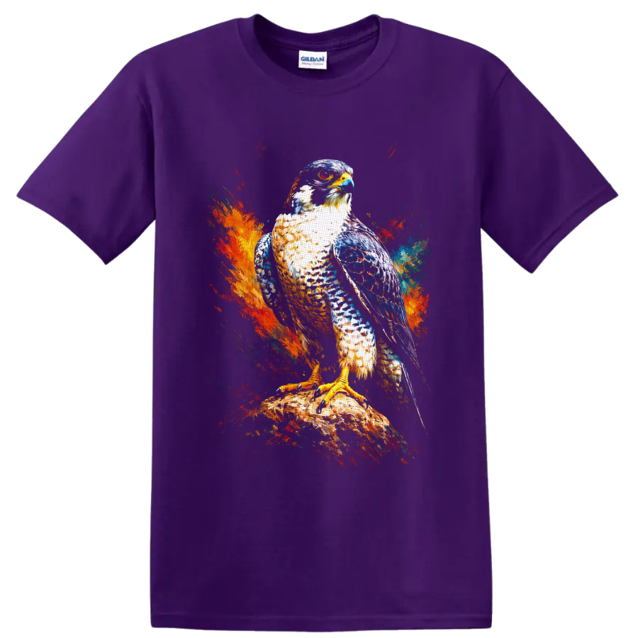 Peregrine falcon perched on a rock with vivid abstract paint splashes on a Purple T Shirt