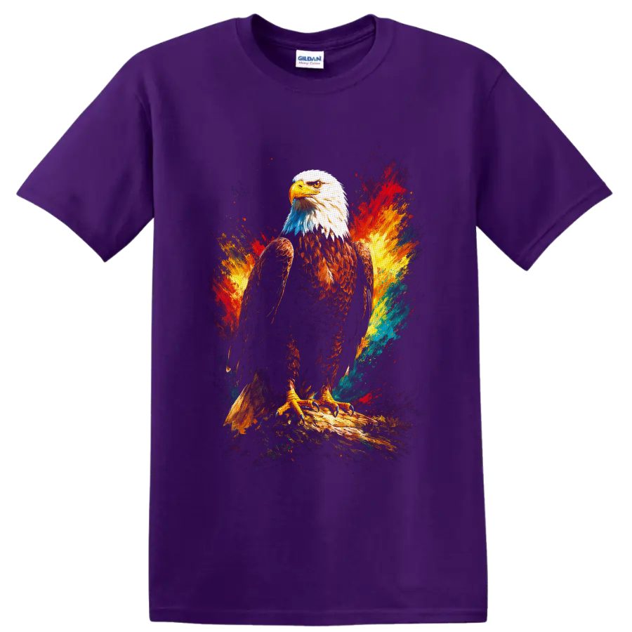 Painterly bald eagle on a branch with vivid red, gold, blue, and teal color splashes on a Purple T Shirt
