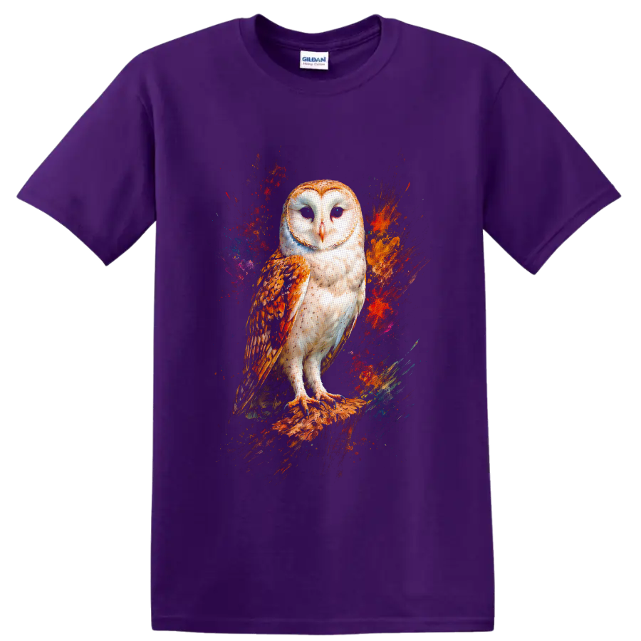 Barn owl perched on a branch with vivid abstract paint splashes on a Purple T Shirt