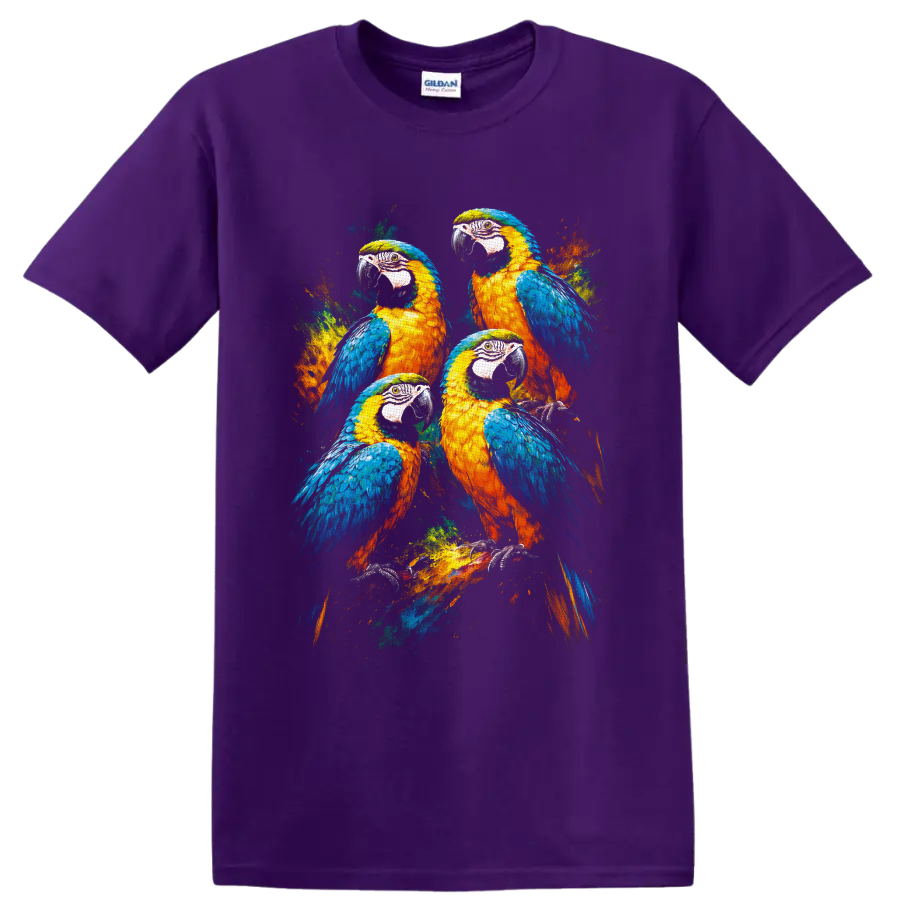 Four blue-and-yellow macaws in a vibrant paint-splash wildlife illustration on a Purple T Shirt