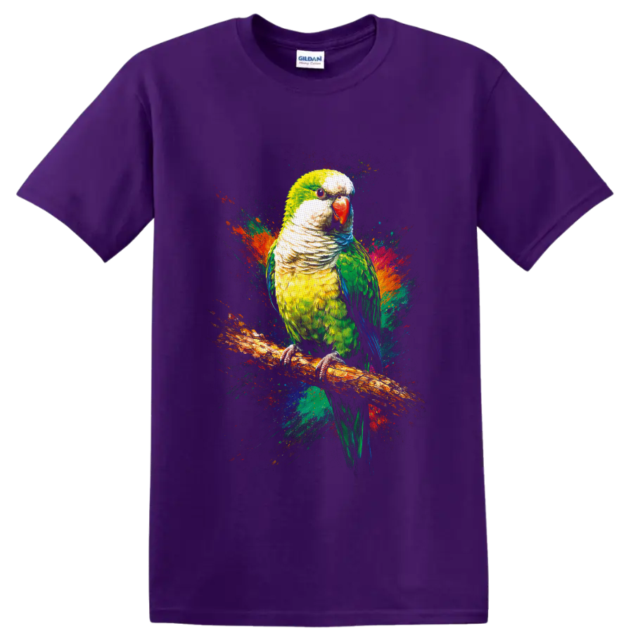 Monk parakeet portrait on branch with vibrant abstract paint splashes on a Purple T Shirt