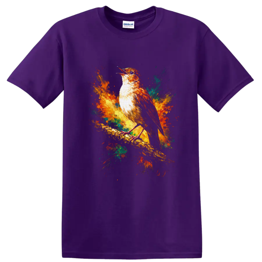 Perched songbird on a branch with colorful watercolor paint splashes on a Purple T Shirt