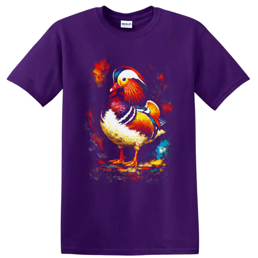 Painterly Mandarin duck with vivid red, gold, teal, and blue abstract splashes on a Purple T Shirt