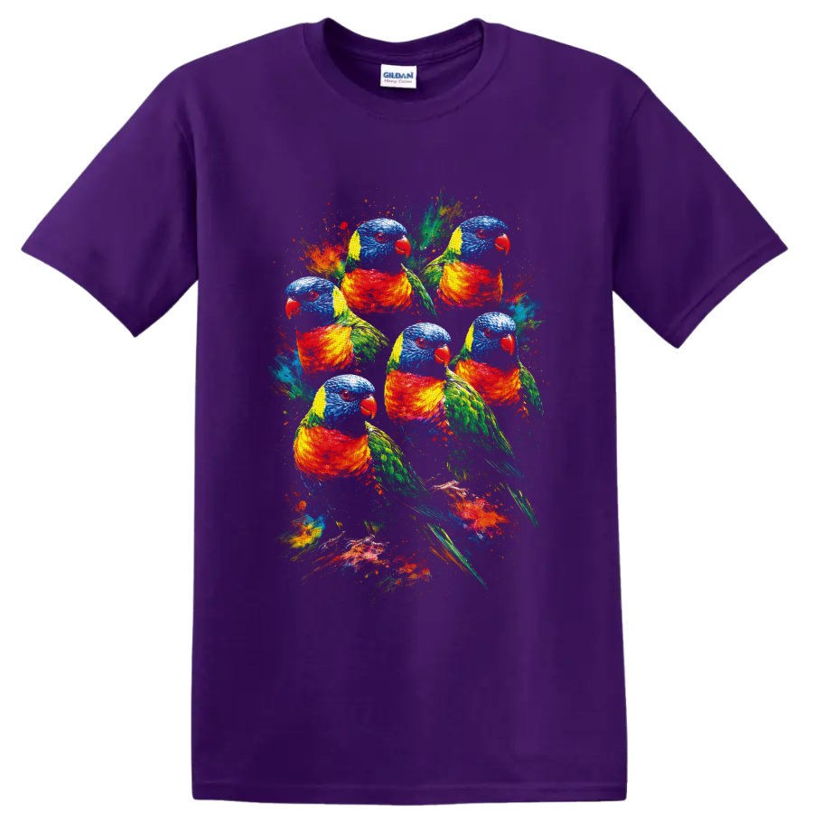 Six rainbow lorikeet parrots in colorful paint-splatter wildlife art on a Purple T Shirt