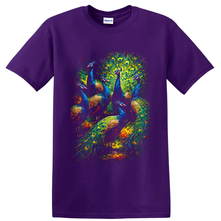 Colorful painterly peacock flock with blue birds and eye-spotted feather fans on a Purple T Shirt