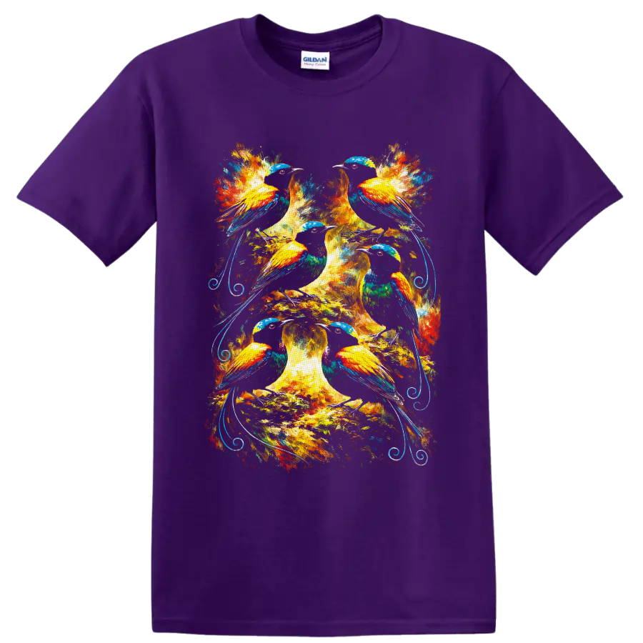 Six colorful birds in a radiant tree with painterly foliage and blue scrollwork on a Purple T Shirt