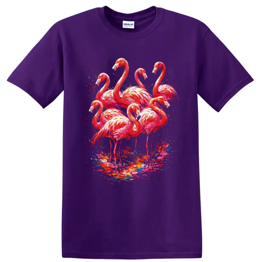 Painterly pink flamingo flock with vivid abstract tropical paint splashes on a Purple T Shirt