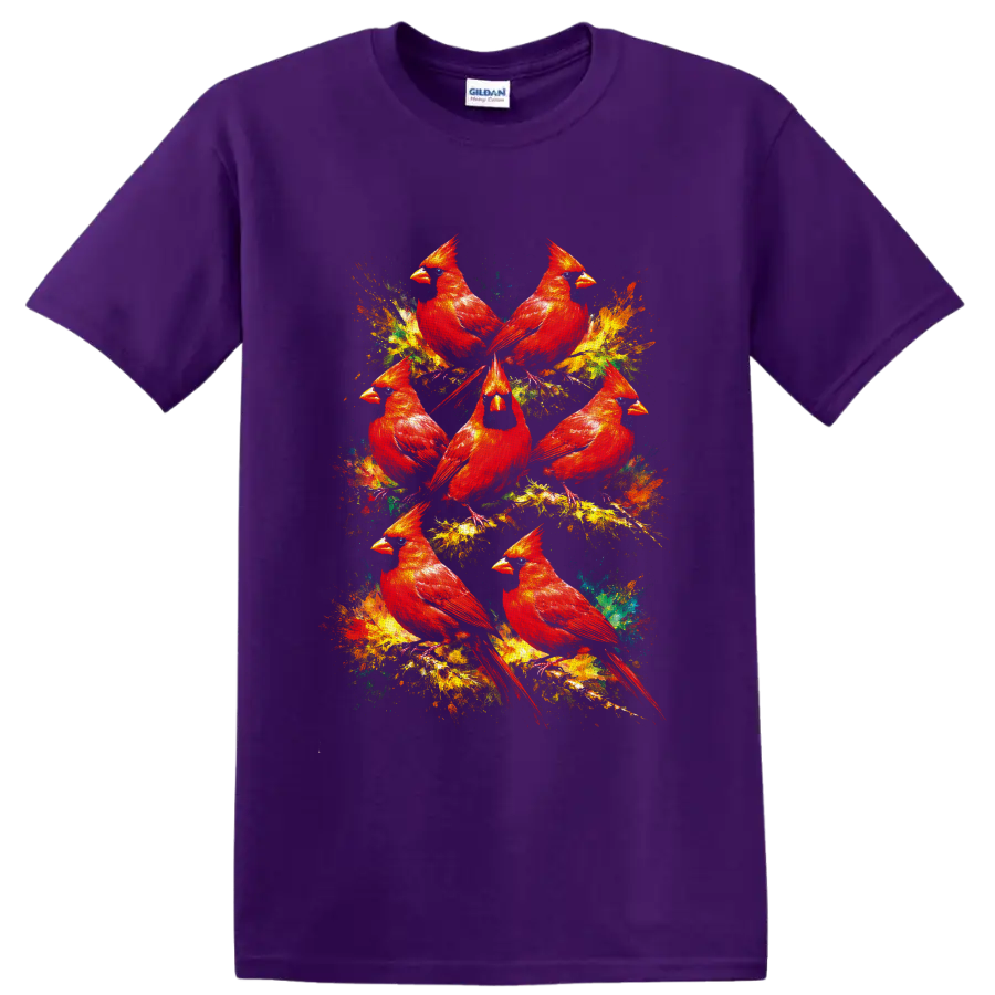 Seven red cardinals in colorful painterly wildlife art with abstract paint splashes on a Purple T Shirt