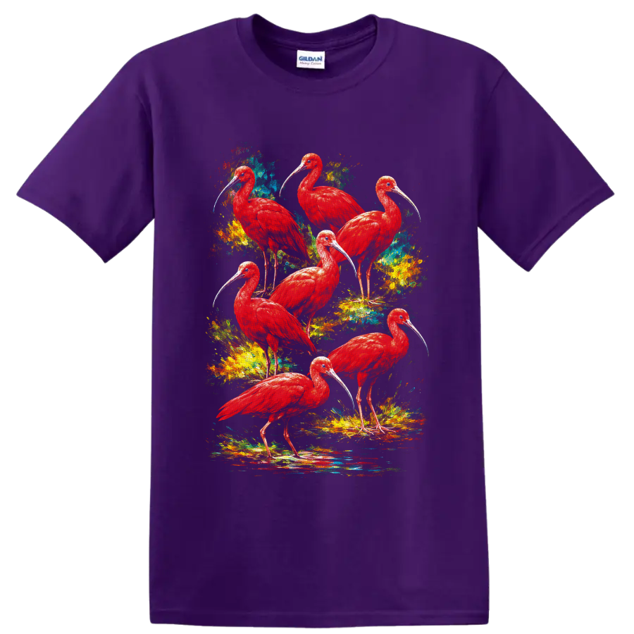 Seven scarlet ibis birds in colorful tropical watercolor splatter art on a Purple T Shirt