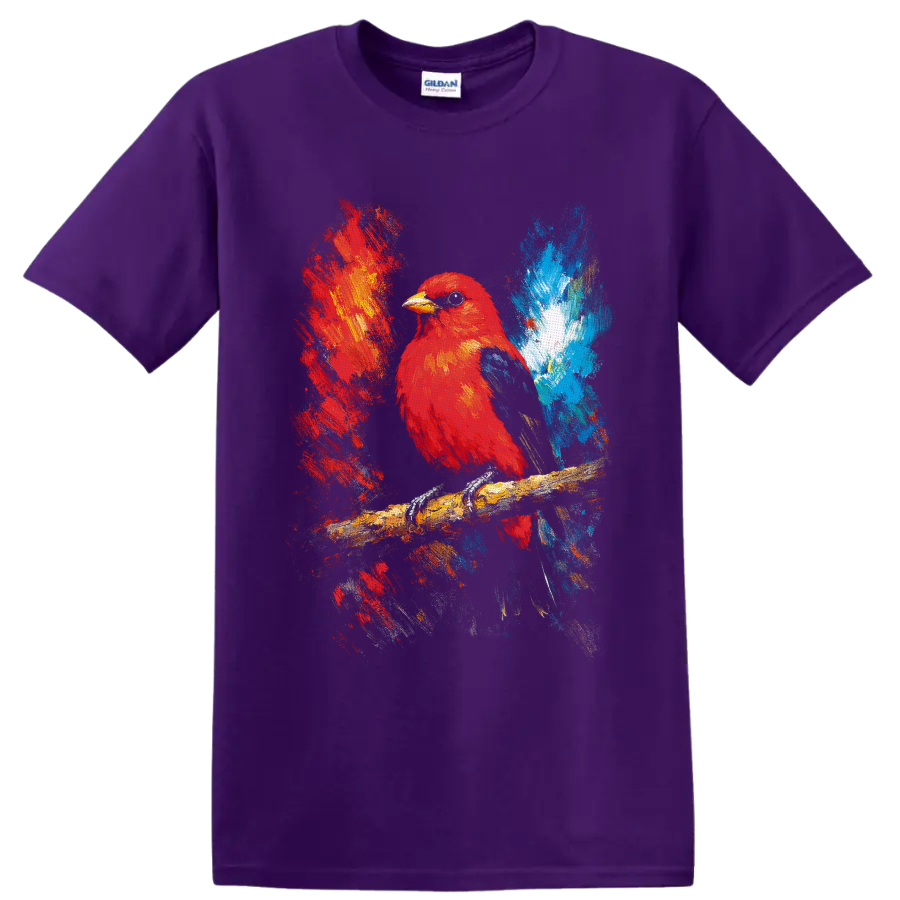 Red cardinal perched on a branch in colorful expressive painterly wildlife art on a Purple T Shirt