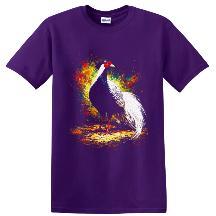 Silver pheasant with long white tail in colorful paint splash wildlife art on a Purple T Shirt