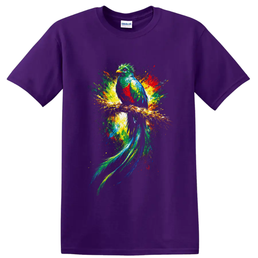 Colorful quetzal bird perched on a branch in vibrant tropical splash-art on a Purple T Shirt