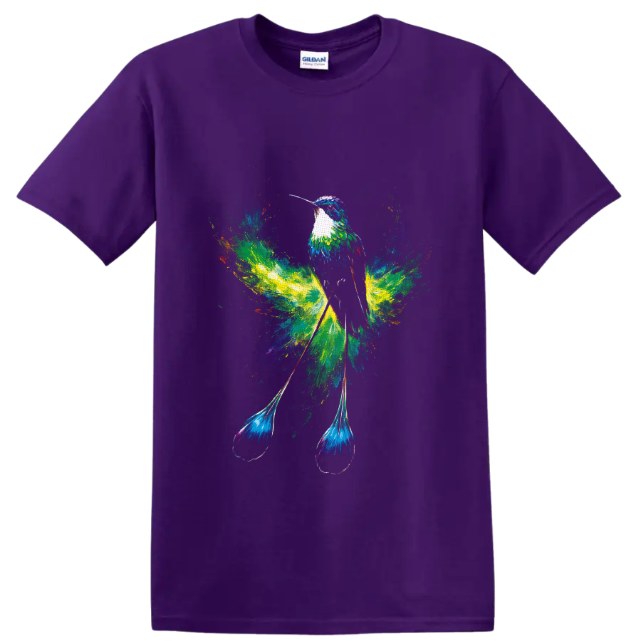 Colorful hummingbird with flowing tail feathers in a vibrant watercolor splash design on a Purple T Shirt