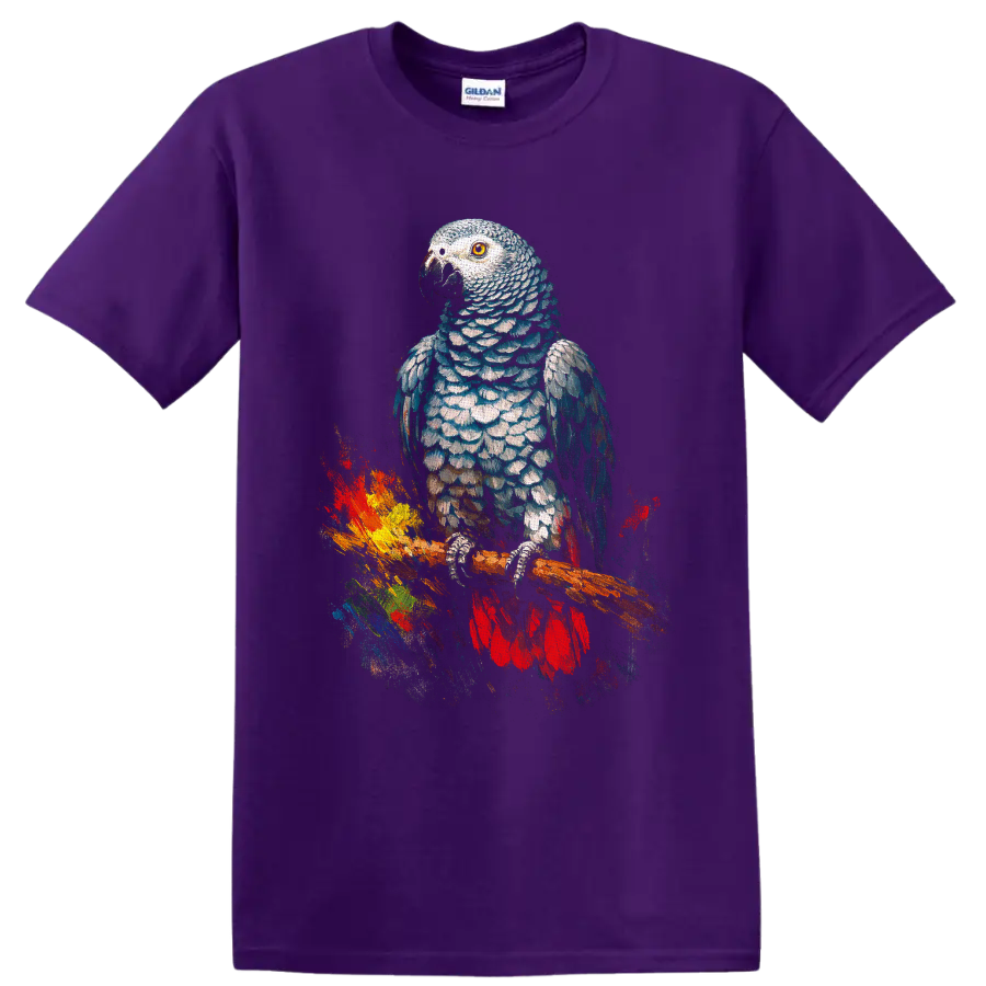African grey parrot watercolor-style portrait perched on a branch with colorful paint on a Purple T Shirt