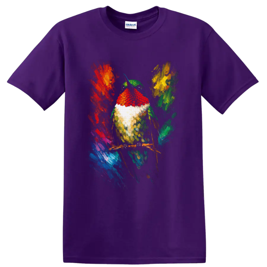 Colorful painterly hummingbird perched on a branch with abstract tropical brushstrokes on a Purple T Shirt