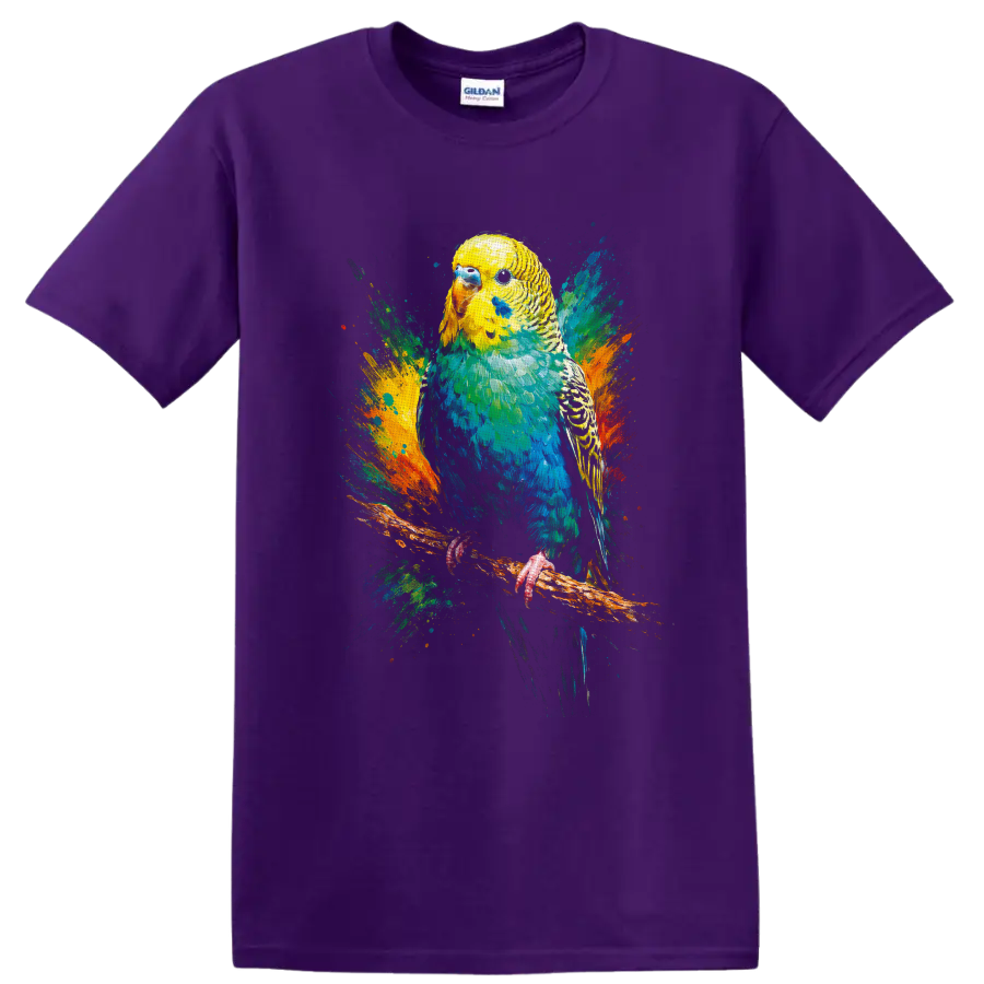 Color splash painting of a yellow and blue budgerigar perched on a branch on a Purple T Shirt