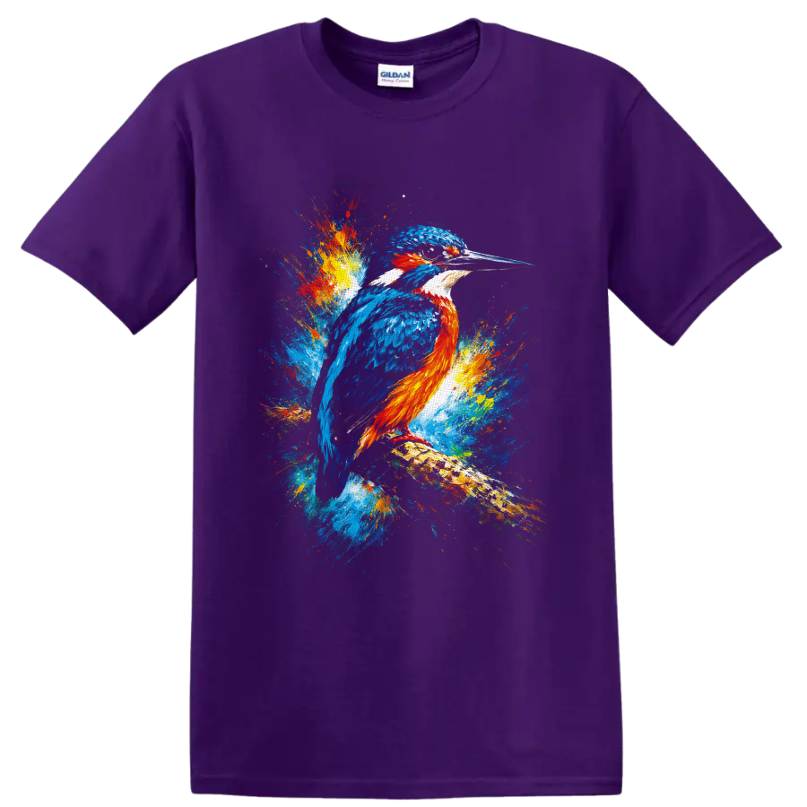 Blue and orange kingfisher perched on a branch in vibrant multicolor splash art on a Purple T Shirt