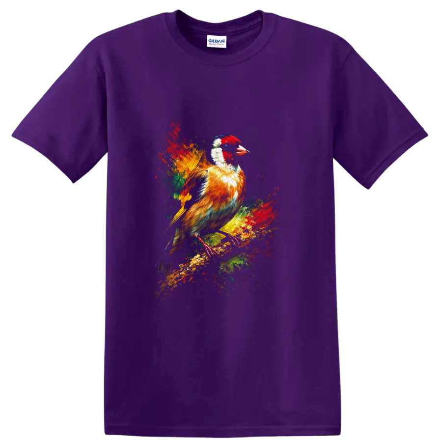 European goldfinch perched on a branch in colorful paint-splash wildlife art on a Purple T Shirt