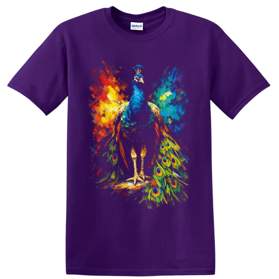 Colorful abstract painterly peacock with blue body and eye-patterned tail feathers on a Purple T Shirt