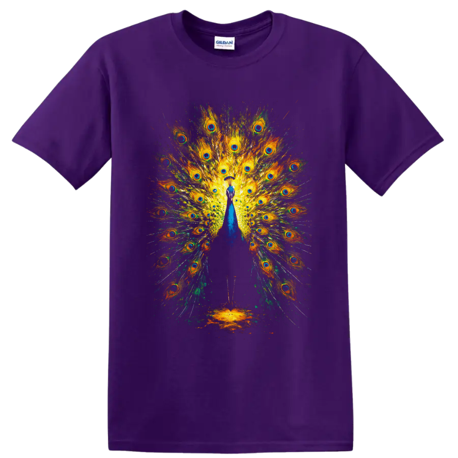 Colorful painterly peacock with a fully spread fan of eye-patterned feathers on a Purple T Shirt
