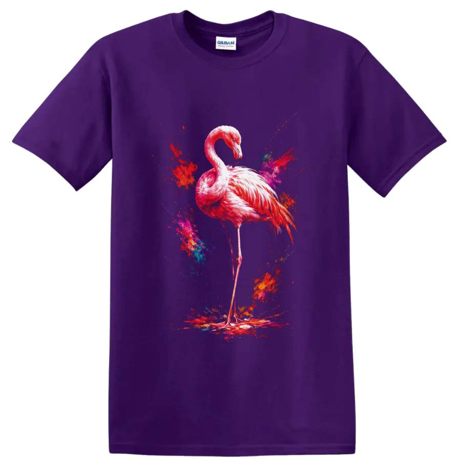 Pink flamingo in vivid abstract paint-splash art on a Purple T Shirt
