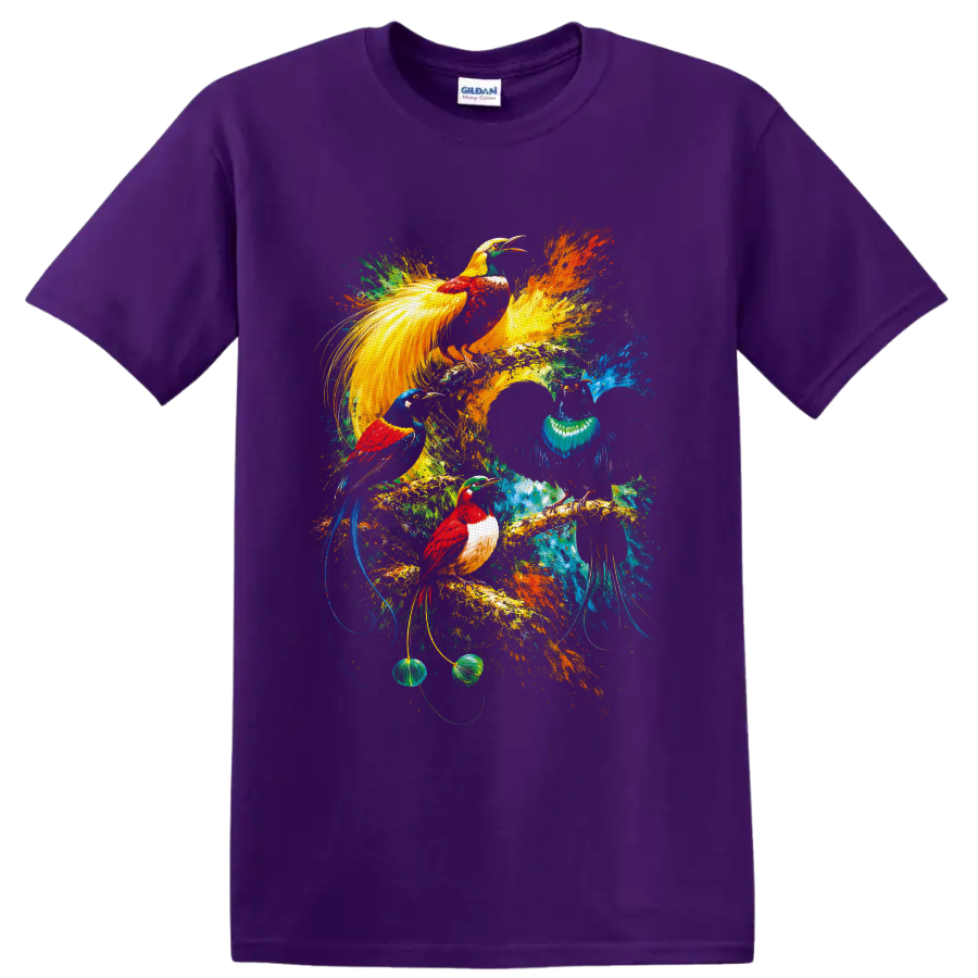 Colorful painterly tropical birds with long tails amid vibrant rainforest splashes on a Purple T Shirt