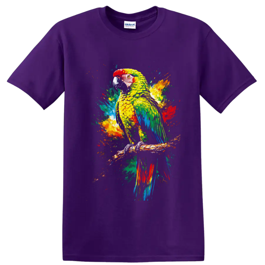 Colorful parrot wildlife art with tropical paint splashes on a branch on a Purple T Shirt