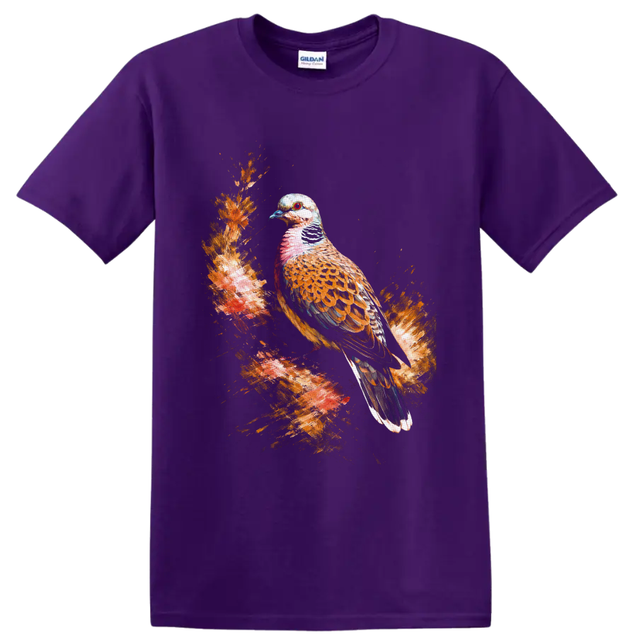 Watercolor turtle dove perched on a textured woodland branch with warm foliage on a Purple T Shirt
