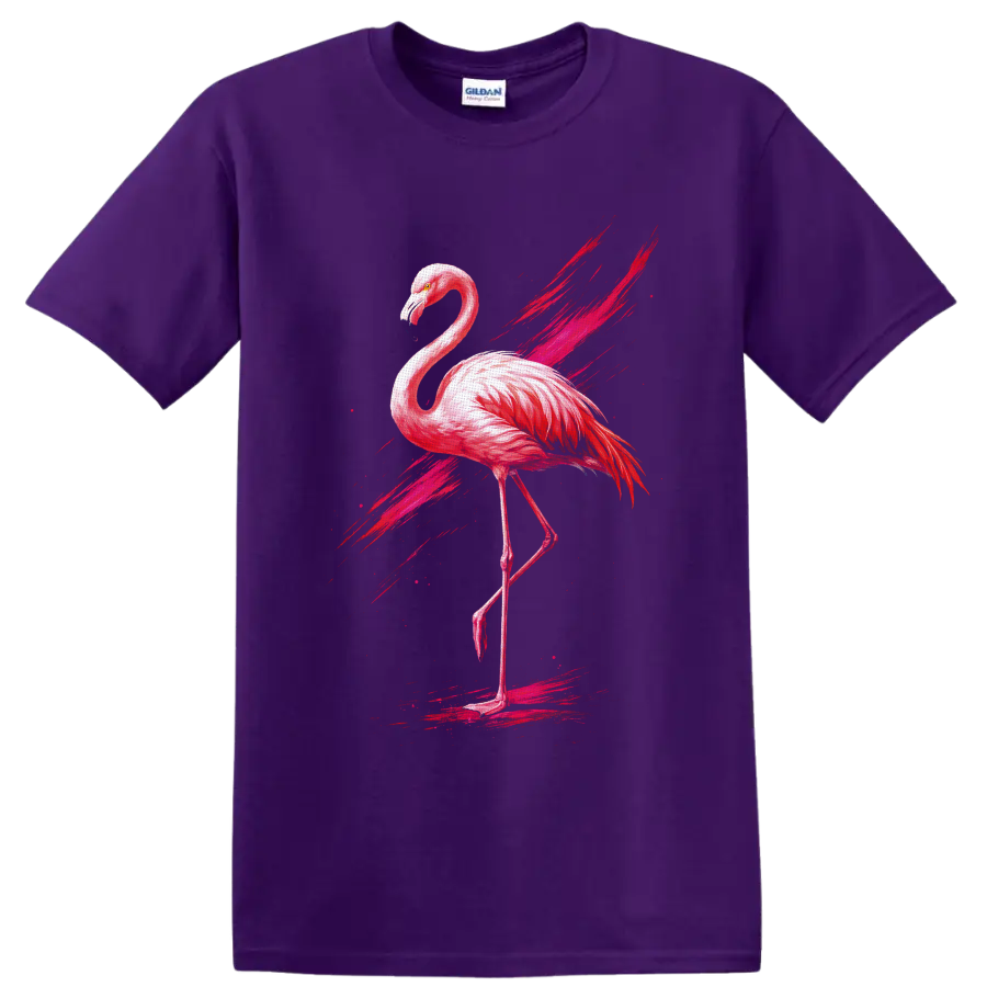 Pink flamingo in watercolor style with fuchsia brushstroke and splatter accents on a Purple T Shirt