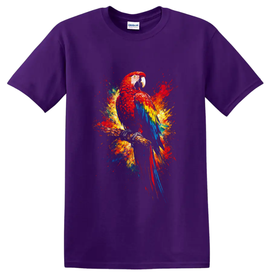 Scarlet macaw perched on a branch with colorful tropical paint-splash art on a Purple T Shirt