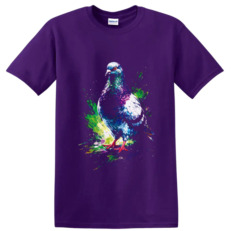 Colorful paint splash pigeon illustration with vivid layered feathers and orange eye on a Purple T Shirt