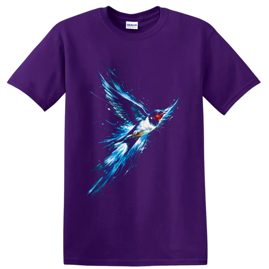 Barn swallow in flight with vivid blue watercolor splashes and a rust-red throat on a Purple T Shirt