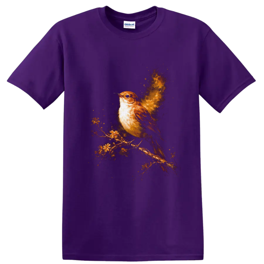 Painterly brown sparrow on a flowering branch with a glowing golden fireburst on a Purple T Shirt