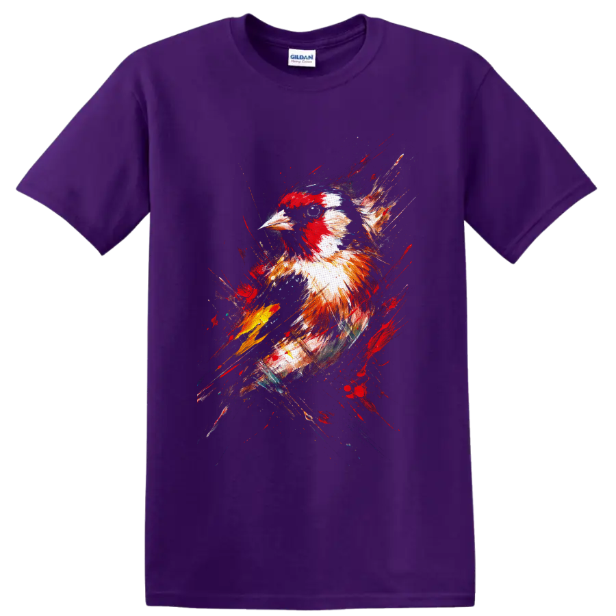 Northern Cardinal portrait in expressive red and white paint-splash wildlife art on a Purple T Shirt