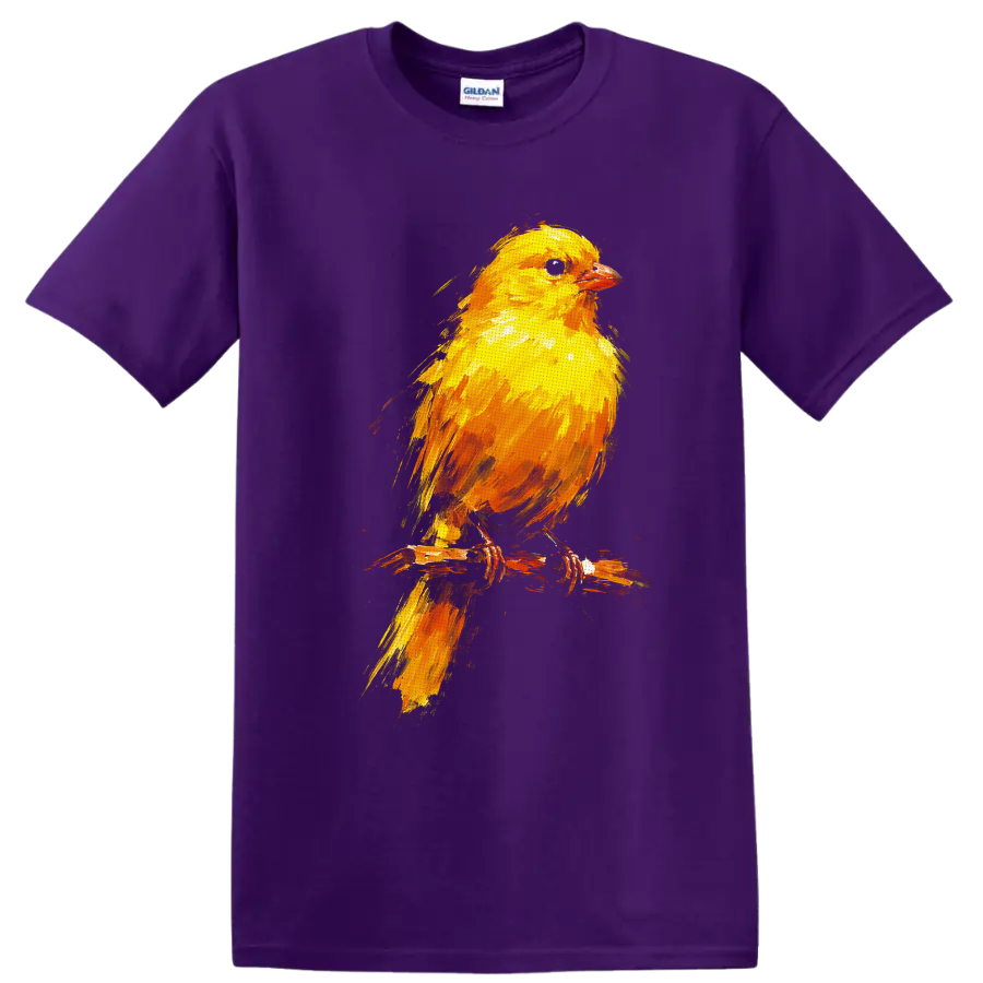 Colorful painted yellow songbird perched on a rustic branch on a Purple T Shirt