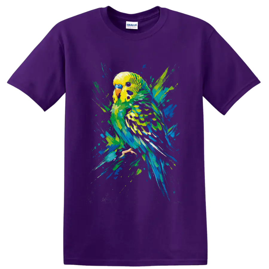 Colorful budgerigar parakeet in expressive blue, green, and yellow brushstroke art on a Purple T Shirt