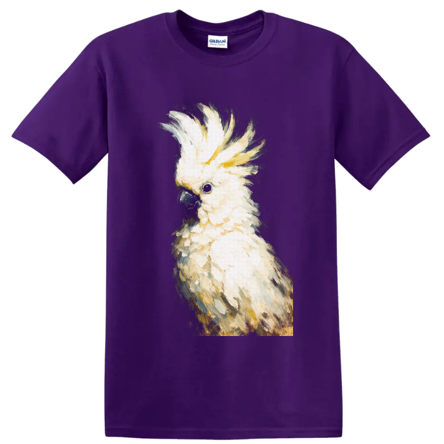 Painterly sulphur-crested cockatoo portrait with raised yellow crest on a Purple T Shirt