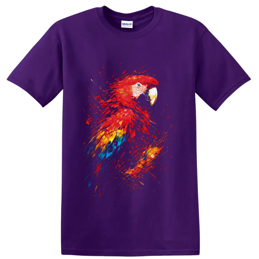 Scarlet Macaw portrait in vibrant red, yellow, blue, and orange paint splash art on a Purple T Shirt
