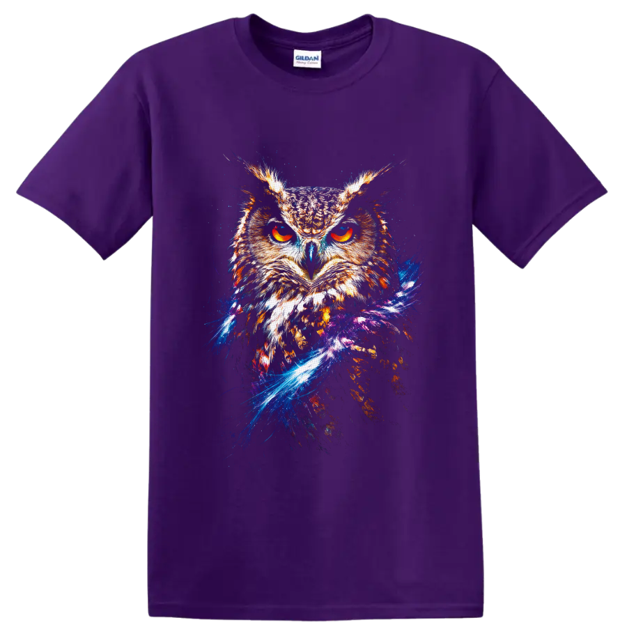 Fiery owl portrait with glowing orange eyes and cosmic galaxy splash artwork on a Purple T Shirt