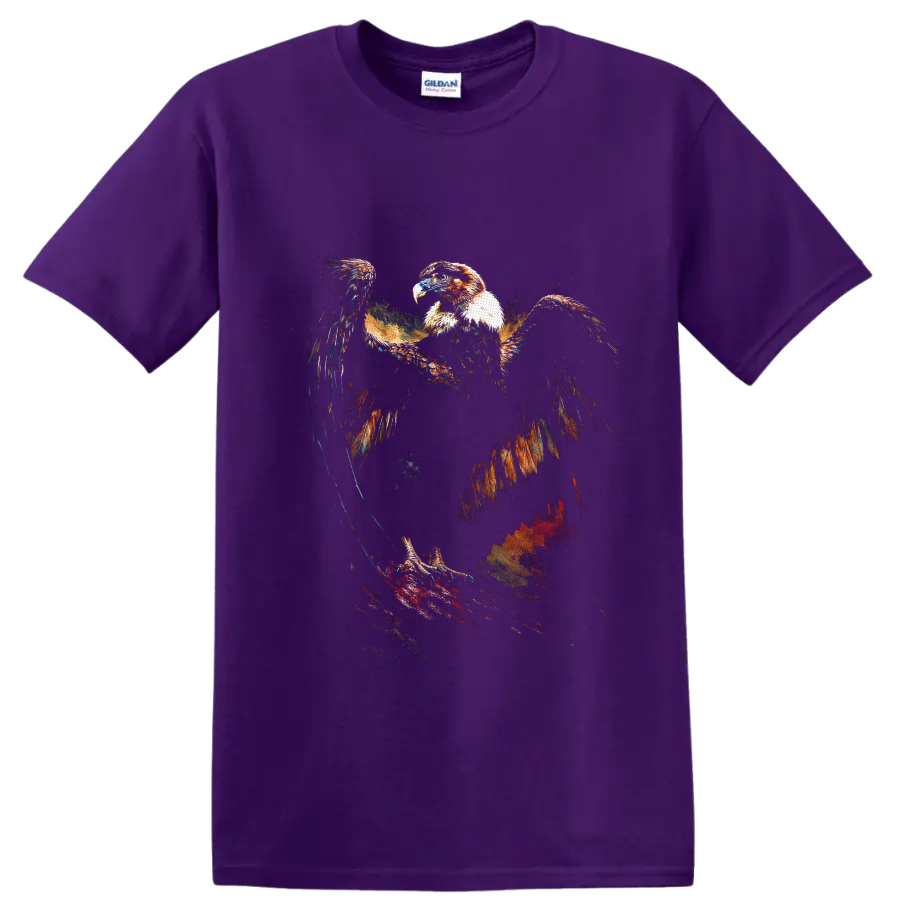 Bald eagle with outstretched wings in distressed patriotic painterly splatter art on a Purple T Shirt