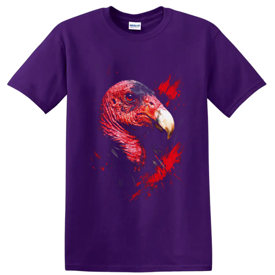 Red turkey bird portrait in detailed grunge style with distressed paint splashes on a Purple T Shirt