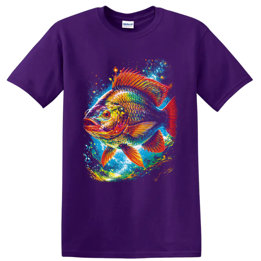 Colorful tropical fish with fiery fins in painterly underwater splash art on a Purple T Shirt