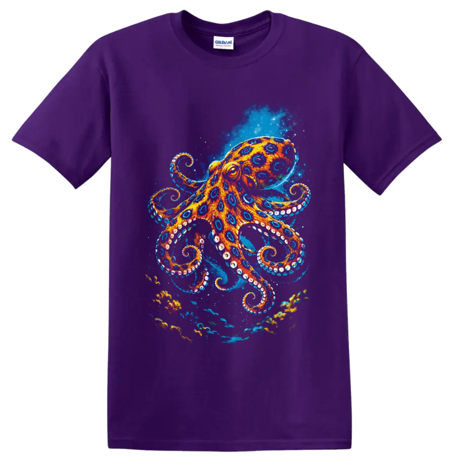 Vibrant orange and blue painterly octopus in a swirling underwater ocean scene on a Purple T Shirt