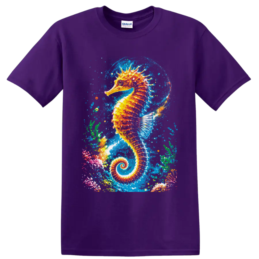 Vibrant splash-art seahorse surrounded by coral, bubbles, and blue underwater textures on a Purple T Shirt